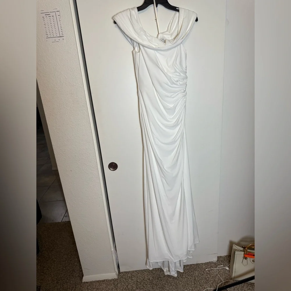 IEENA MAC DUGGAL 26517 White Foldover Asymmetric Ruched High Slit Jersey Gown 8 - Picture 3 of 7